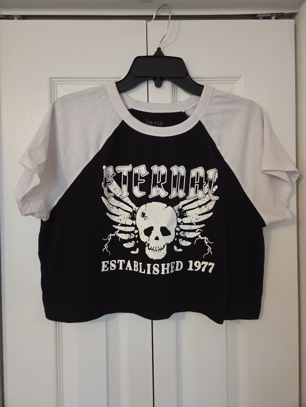Zoe + Liv Black and White Graphic Cropped Raglan Tee - "Eternal" Skull